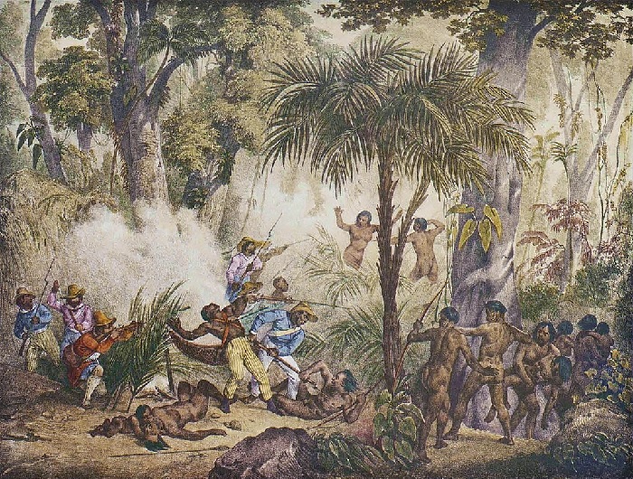 Gravura, mata com palmeira em primeiro plano. Indígenas nus guerreiam com brancos e negros con vestimentas usadas pelos europeus e pelos escravos.