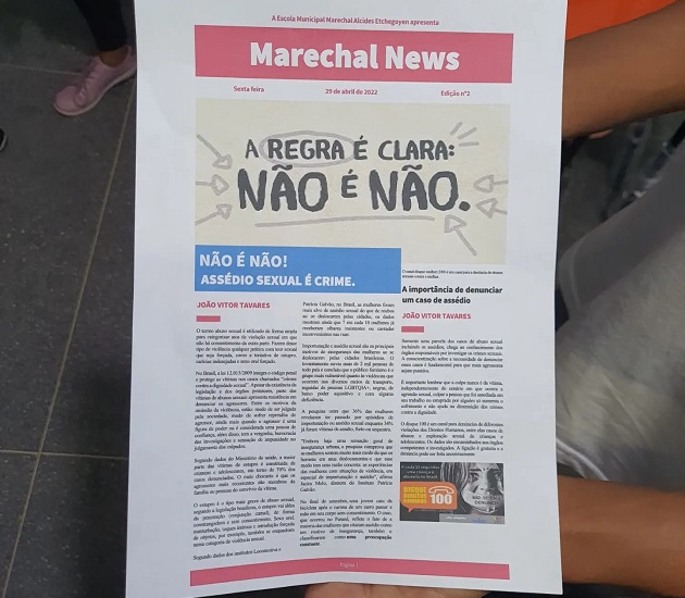 Reprodução de página do jornal Marechal News com o tema assedio é crime