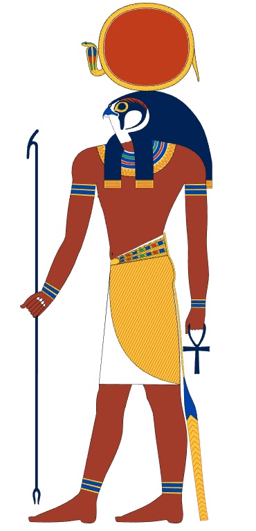 Gravura de Rá, o deus egípcio do sol. Sua cabeça é representada por um falcão em preto e branco. Acima dela há um círculo na cor de tijolo, circundado por uma cobra naja. O corpo do deus tem aparência humanizada, com braceletes nos antebraços, pulsos e tornozelos. Em uma das mãos, Rá carrega uma chave em forma de cruz egípcia e, na outra, um cajado fino e comprido. O deus é representado com o peito nu, ornado com um colar largo e colorido, e usa uma saia e um cinto grosso, de onde pende um chicote.
