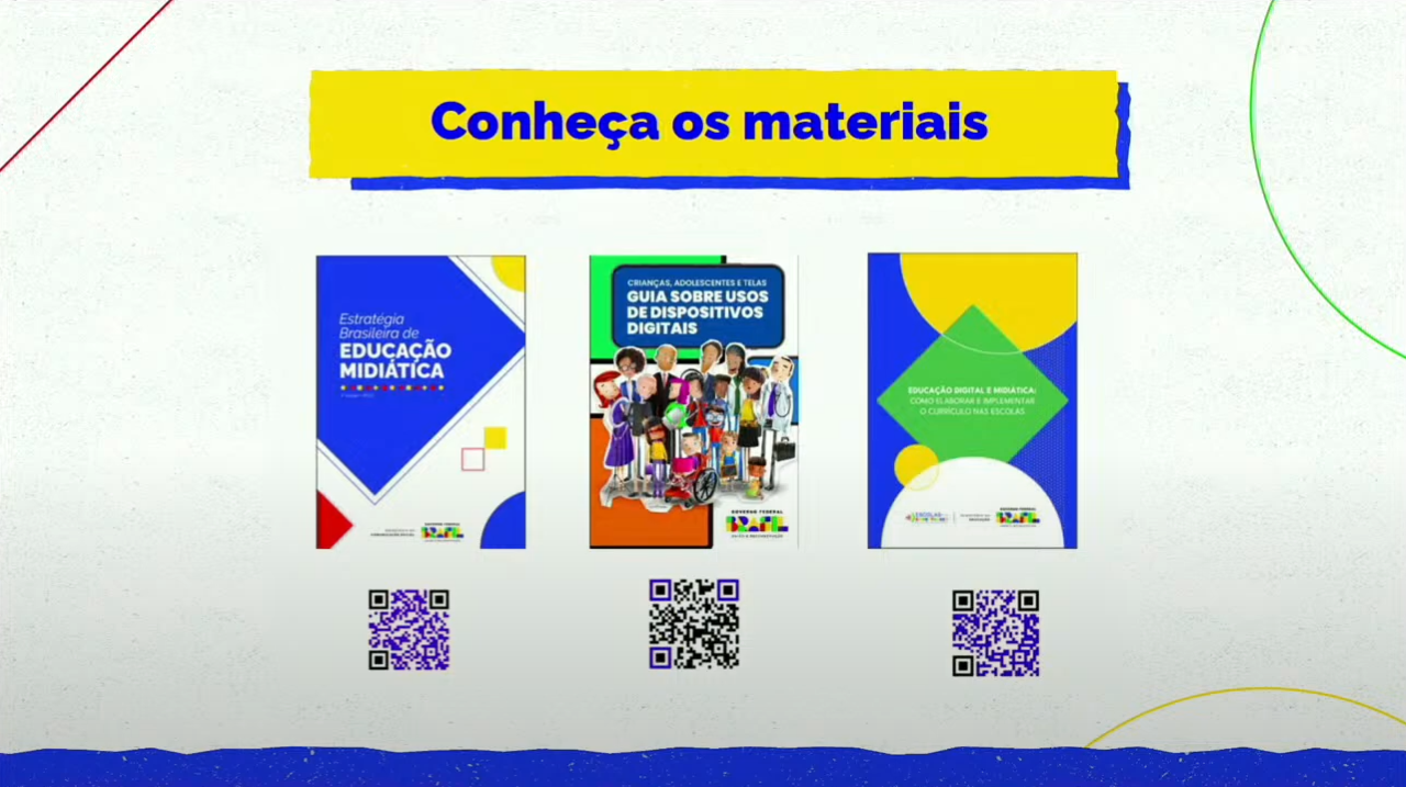 Print de tela. Tela de apresentação com texto: conheça os materiais. Imagens das capas das publicações e QR codes para acesso.